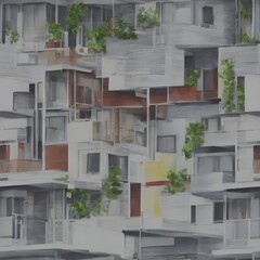 seamless pattern of buildings with balconies
