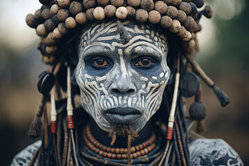 Senior african serious man primitive tribe with traditional white face paint pattern and jewelry - obrazy, fototapety, plakaty