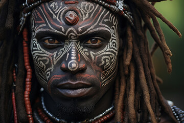 Primitive serious African tribe man with traditional white paint pattern on face looking at camera outdoors, close-up
