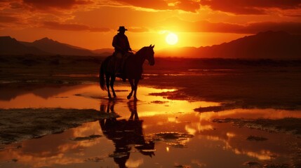 A man rides a horse in sunset