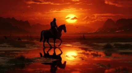 Fototapeta premium A man rides a horse in sunset