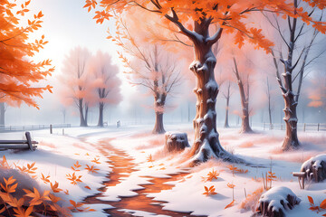 In the transition from late autumn to early winter, nature unveils a breathtaking spectacle, where the bright orange leaves are adorned with a frosty embrace, painting a vivid and colorful landscape