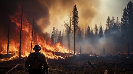 Rear view of a firefighter putting out a forest fire. Global warming concept - obrazy, fototapety, plakaty