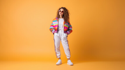 Fototapeta na wymiar beautiful young curly woman, girl in 80s style clothes, fashionable outfit, fashion, disco, party, street style, dancer, colored background, face, hairstyle, sunglasses