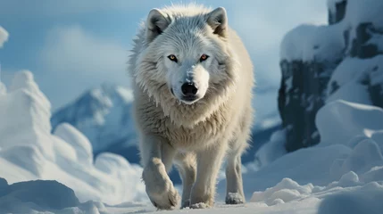 Muurstickers Arctic wolf walking in snow © Zemon