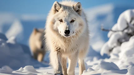 Schilderijen op glas Arctic wolf walking in snow © Zemon