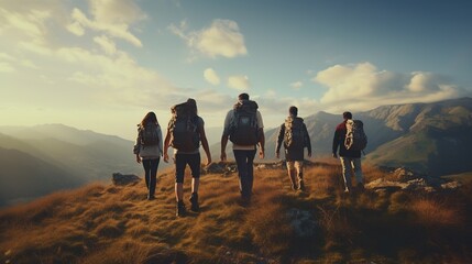 Candid Photo of Friends Hiking Together in the Mountains. Adventure Journey Concept
 - obrazy, fototapety, plakaty