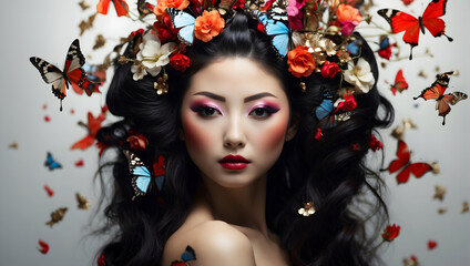 surreal portrait of a Japanese geisha with colorful butterflies in her hair