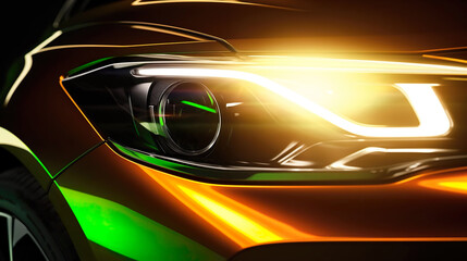 Green sport car headlights with light and speed.