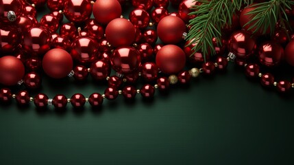 Christmas Garland with Red Balls and Fir Branches on Vibrant Green Background. Festive Holiday Concept with Copy Space. Celebrating Christmas, Winter, and New Year's Joyful Spirit