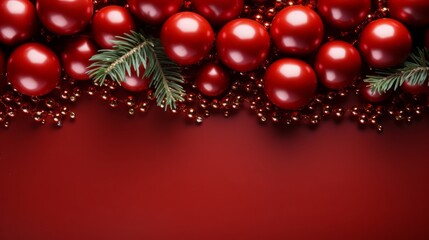 Christmas Garland with Red Balls and Fir Branches on Vibrant Red Background. Festive Holiday Concept with Copy Space. Celebrating Christmas, Winter, and New Year's Joyful Spirit