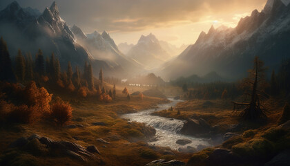 Majestic mountain peak reflects beauty in nature tranquil autumn landscape generated by AI