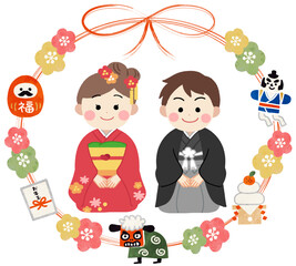 着物を着た子供の正月・年賀状素材イラスト