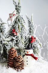 snowman and christmas tree, christmas decoration	