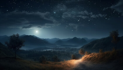 Fototapeta premium Majestic mountain peak in the dark, foggy night sky generated by AI