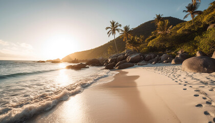 Sunset over the tranquil coastline, a tropical paradise for vacations generated by AI