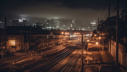 Fototapeta na wymiar Dark cityscape illuminated by street lights, transportation speeding through the night generated by AI