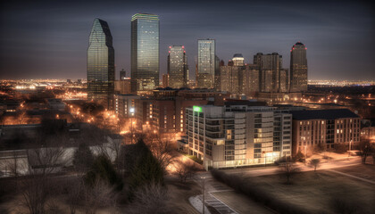 Obraz premium Night skyline, skyscrapers illuminate city, modern architecture reflects in blue twilight generated by AI