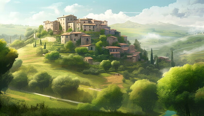 Obraz premium Rural landscape, meadow, tree, farmhouse, mountain, Italian culture, sunset generated by AI