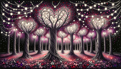 Drawing of a mesmerizing enchanted forest, where every detail exudes magic. The trees, with their heart-shaped canopies, are a sight to behold.