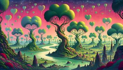 Obraz na płótnie Canvas Illustration of a whimsical fantasy landscape. The scene is dominated by unique trees, each with heart-shaped canopies in varying shades of green.