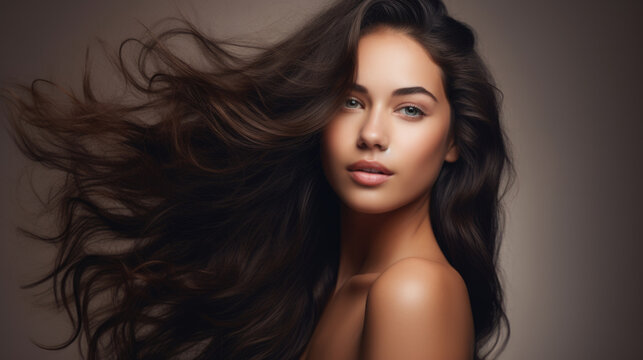 Beautiful brunette hair model with perfect skin and brown hair