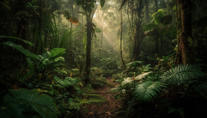 Mysterious fog blankets tranquil rainforest, revealing nature beauty and growth generated by AI