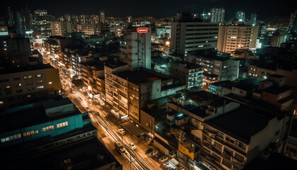 Fototapeta na wymiar Glowing city streets illuminate the night skyline generated by AI