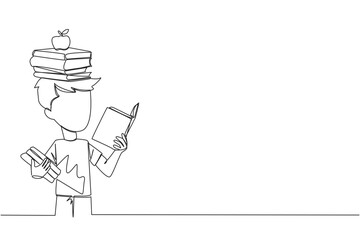 Single one line drawing boy reading a book practicing balance. Stack books on top of head along with the apple. Balancing reading rhythm, train focus. Love read. Continuous line graphic illustration