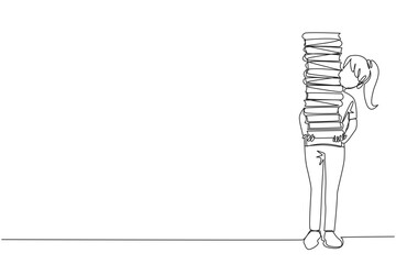 Fototapeta na wymiar Single one line drawing woman carrying tall stack of books covering herself. Newly purchased book from bookstore. Read books one by one at home. Love read. Continuous line design graphic illustration