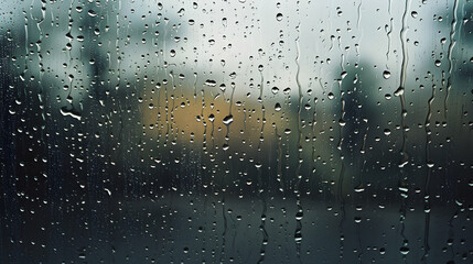 Imagine a close-up view of a windowpane during a gentle rain. Individual raindrops streak down the glass, their paths clear and defined against the backdrop.  - obrazy, fototapety, plakaty
