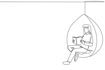 Single one line drawing woman sitting relaxed in a hanging chair reading a book. Spending the weekend reading the favorite fiction story book. Love reading. Continuous line design graphic illustration