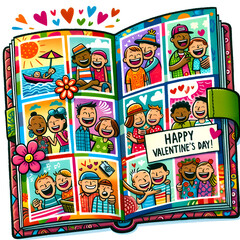 Valentine's Day Cartoon of a colorful photo album, bursting with pictures. Each page has a unique theme, from beach days to winter holidays.