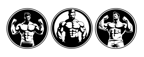 Bodybuilder silhouette illustration. Gym logo. Muscle fitness. Workout.