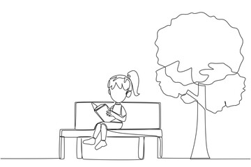 Single continuous line drawing girl sitting on school park bench reading book. Learn by re-reading textbook. Read to get maximum marks. Reading increase insight. One line design vector illustration
