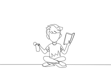 Continuous one line drawing boy sitting cross-legged reading book. Accompanied by glass of orange juice to make reading more interesting. Knowledge. Freshness. Single line design vector illustration