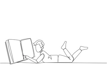 Single continuous line drawing man lying on his stomach reading a big book. Enjoy reading books in a variety of styles. Reading increases insight. Love reading. One line design vector illustration