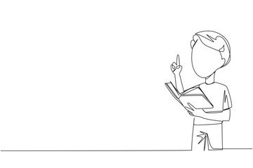 Single continuous line drawing boy standing reading a book. Gesture gets the idea. Books can see from different points of view. Brilliant idea from reading book. One line design vector illustration