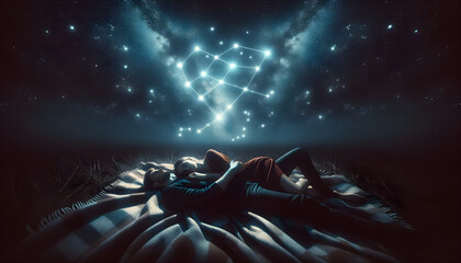 Artistic representation of a couple, wrapped in each other's arms, lying on a blanket. The night sky, vast and mesmerizing, showcases its own romantic vibe.