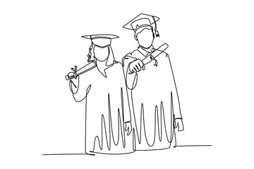 Continuous one line drawing young happy couple college student proud to show their graduation letter to celebrate their graduate. Education concept. Single line draw design vector graphic illustration