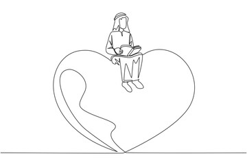 Continuous one line drawing Arab man sitting on big heart. Reading romantic fiction book. Enjoy storyline. Hobby reading story books. Book festival concept. Single line draw design vector illustration