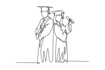 Continuous one line drawing young happy couple graduate college student hold paper, celebrate their graduation from university. Education concept. Single line draw design vector graphic illustration - obrazy, fototapety, plakaty