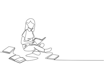 Single one line drawing woman sitting relaxed in a library reading a lot of books. Looking for answers to assignments. Hobby reading. Book festival concept. Continuous line design graphic illustration