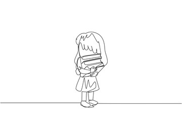 Fototapeta na wymiar Single one line drawing girl standing hugging some books. Favorite book that finish reading. Some books will be donated to the national library. Knowledge. Continuous line design graphic illustration