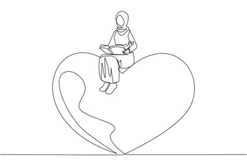 Single continuous line drawing Arab woman sitting on big heart. Reading romantic fiction book. Enjoy storyline. Hobby reading story books. Book festival concept. One line design vector illustration