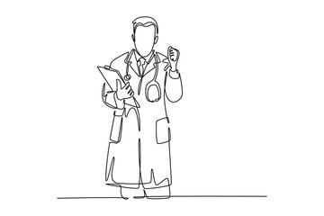 Continuous one line drawing of young happy male doctor bringing medical paper on clipboard and celebrating his success to cure patient. Medical health care. Single line draw design vector illustration