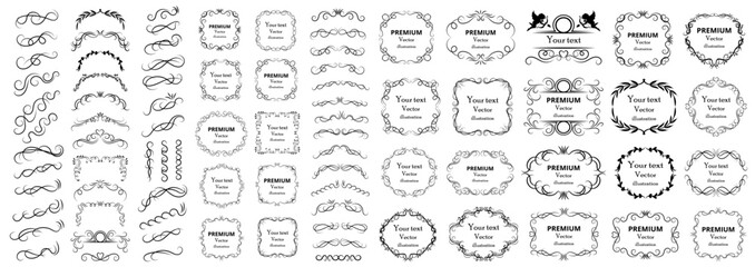 Big set of vector graphic elements for design.  Decorative swirls or scrolls, vintage frames , flourishes, labels and dividers.