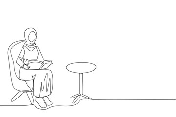 Continuous one line drawing Arab woman sitting reading on sofa. Reading focus in the living room. Relieve fatigue from daily activities. Book festival concept. Single line design vector illustration