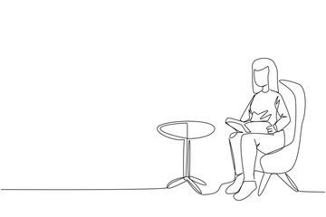 Single one line drawing woman sitting reading on sofa. Reading focus in the living room. Fun hobby. Relieve fatigue from daily activities. Book festival concept. Continuous line graphic illustration