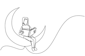 Single one line drawing woman sitting on crescent moon reading a book. Metaphor of reading a fairy story before sleeping. Read until late. Love reading. Continuous line design graphic illustration © Simple Line
